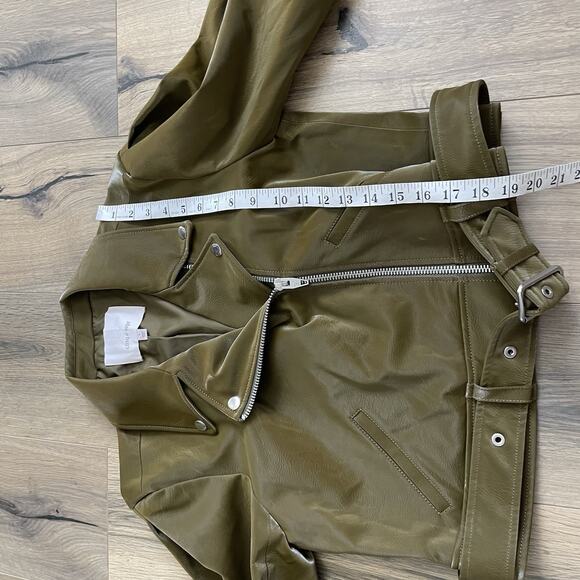 Cinq a Sept Palo Faux Leather Biker Moto Jacket Size Small Olive Green Cropped - Picture 9 of 12